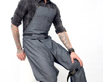 Full Overlapping Split-Leg Apron - Pottery Cross-Back Design - Gray Denim - Leather Reinforcement