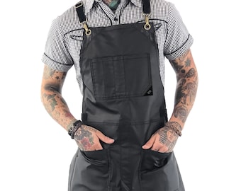 Coated Apron - Cross-Back, Black or Brown Twill - Gold, Chrome or Vintage Metal - Leather Trim, Water Resistant – Hairstylist, Barber, Chef