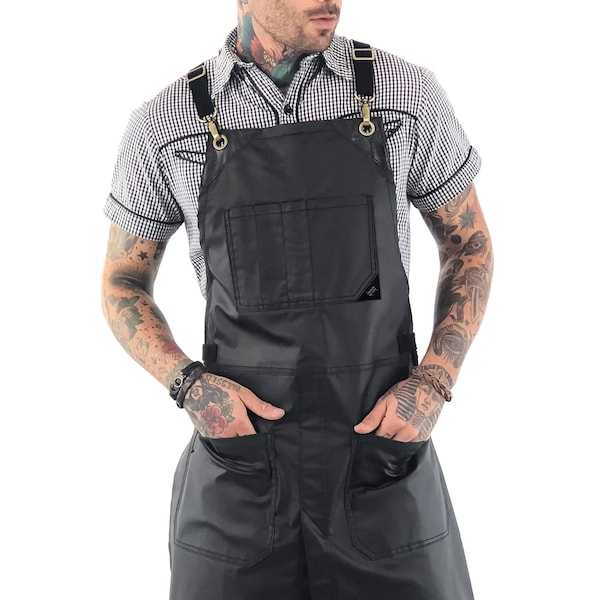 Coated Apron - Cross-Back, Black or Brown Twill - Gold, Chrome or Vintage Metal - Leather Trim, Water Resistant – Hairstylist, Barber, Chef