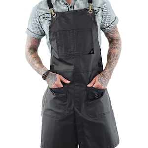 Grembiule rivestito - Schiena incrociata, twill nero o marrone - Metallo oro, cromato o vintage - Finiture in pelle, resistente all'acqua – Parrucchiere, barbiere, chef