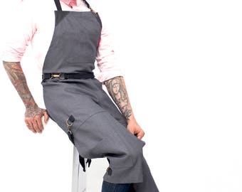 Full Split-Leg Chest-to-Shin Apron - No-Tie - Gray Denim - Black Leather