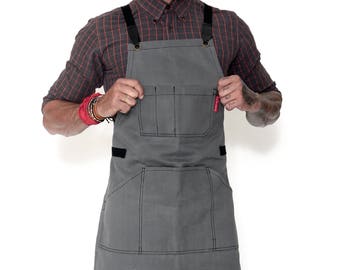 Essential Heavy Duty Cross-Back Apron - Gray Waxed Canvas - Black Leather
