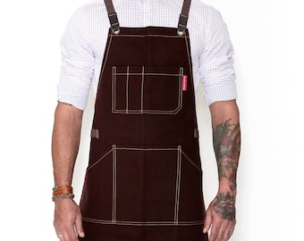 Essential Heavy Duty Cross-Back Apron - Brown Waxed Canvas - Brown Leather