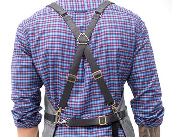 Cross-Back Leather Straps Cargo Apron - Heavy-Duty Gray Waxed Canvas - Split-Leg