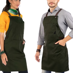 Work Apron - Green, Black, Gray, Brown or Red Twill - Blue or Black Denim -  Leather Trim, CrossBack, Chef, Bartender, Shop, Barber, Salon