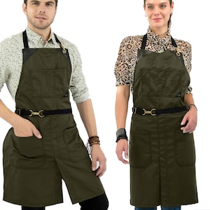 Chef Apron - NoTie - Gray, Brown, Green, or Black Twill - Blue or Black Denim - Leather Trim, Split-Leg, Bartender, Shop, Barber, Salon