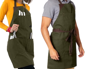 Utility Apron -  Folds into a Knife Roll, Leather Trim - Heavy-Duty Green, Black, or Gray Canvas - Chef, BBQ, Butcher