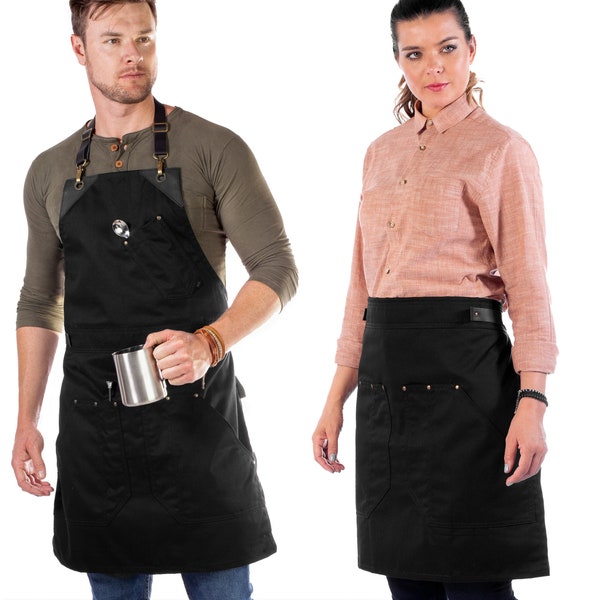 Tablier noir Barista - Sangles et boucles en cuir noir ou marron - Double couture - Se tourne en demi-tablier bistro