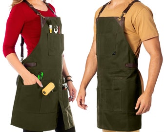 Leather Straps Apron -  Green, Black or Gray Waxed Canvas, Cross-Back, Tool Pockets, Leather Trim, Split – Woodworker, Shop, Bartender