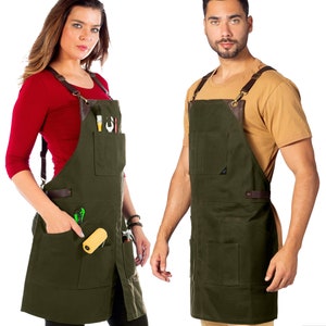 Leather Straps Apron -  Green, Black or Gray Waxed Canvas, Cross-Back, Tool Pockets, Leather Trim, Split – Woodworker, Shop, Bartender