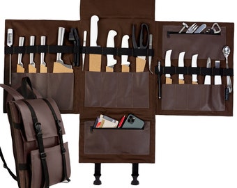 Knife Bag - Brown or Black Real Leather - 13 Knife Slots, 2 Zipped Pockets for Kitchen Utensils, Tablets & Notebooks Large Pocket - Expands