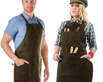 Work Apron - Green, Black, Brown or Gray Waxed Canvas, Leather Trim, Cross-Back, HeavyDuty, Chef, Woodwork, BBQ, Shop