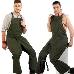 Pottery Apron - Green or Gray Twill - Gray, Blue or Beige Denim - Full Overlapping Split, CrossBack, Leather Trim, Artist, Ceramist, Art