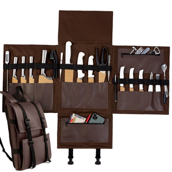 Knife Bag - Brown or Black Real Leather - 13 Knife Slots, 2 Zipped Pockets for Kitchen Utensils, Tablets & Notebooks Large Pocket - Expands