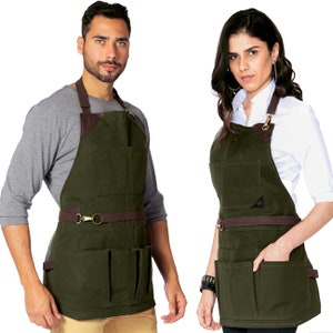 Tool Apron - Green, Brown, Gray or Black Waxed Canvas, Leather Trim, 12 Pockets, Heavy-Duty, NoTie, Woodwork, Garden, Shop