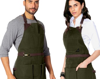 Tool Apron - Green, Brown, Gray or Black Waxed Canvas, Leather Trim, 12 Pockets, Heavy-Duty, NoTie, Woodwork, Garden, Shop