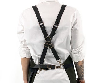 Cross-Back Cargo Apron - Heavy-Duty Dark Green Waxed Canvas- Leather Straps - Split-Leg