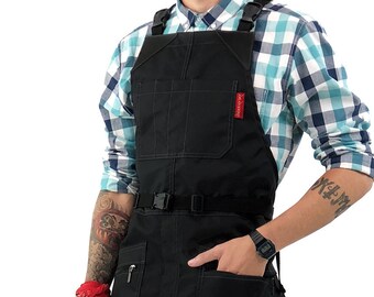 Barber Chemical Waterproof Apron - Cross-Back Black Nylon - Zipped Pockets- Split-Leg