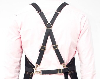 Cross-Back Leather Straps Cargo Apron - Heavy-Duty Black Waxed Canvas - Split-Leg