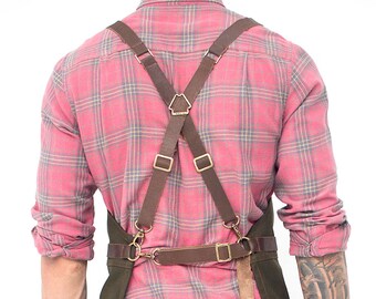 Cross-Back Leather Straps Cargo Apron - Heavy-Duty Green Waxed Canvas - Split-Leg