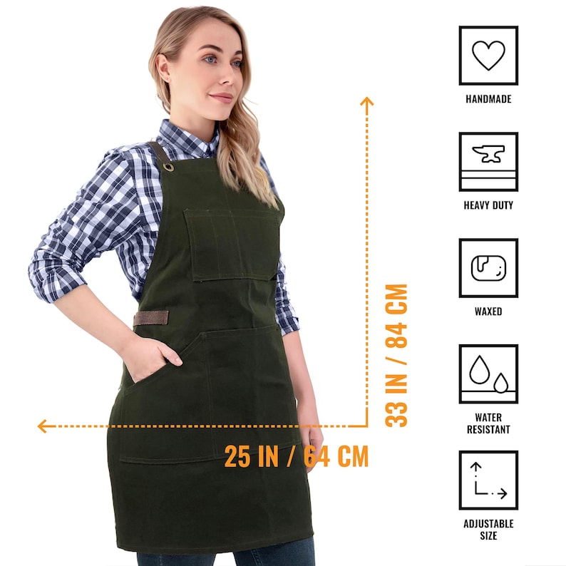 Work Apron - Green, Black, Brown or Gray Waxed Canvas, Leather Trim, Cross-Back, HeavyDuty, Chef, Woodwork, BBQ, Shop image 2