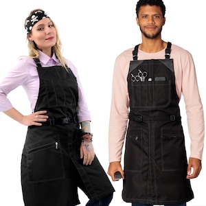 Barber Apron - Water & Chemical Resistant, CrossBack, Zip Pocket - Hairstylist, Colorist, Chef - Black