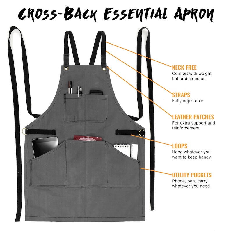 May include: Gray canvas apron with adjustable straps, leather patches, and multiple pockets. The apron has a cross-back design and features loops for hanging items.