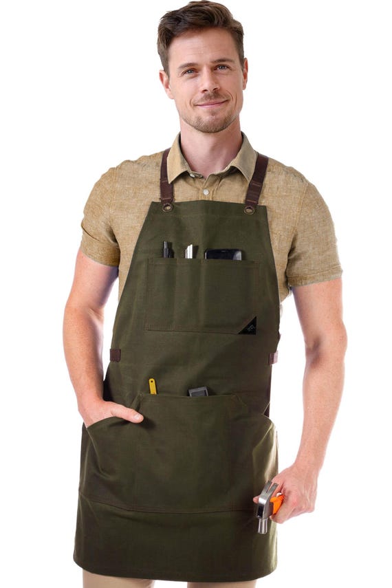 Work Apron - Green, Black, Brown or Gray Waxed Canvas, Leather Trim, Cross-Back, HeavyDuty, Chef, Woodwork, BBQ, Shop