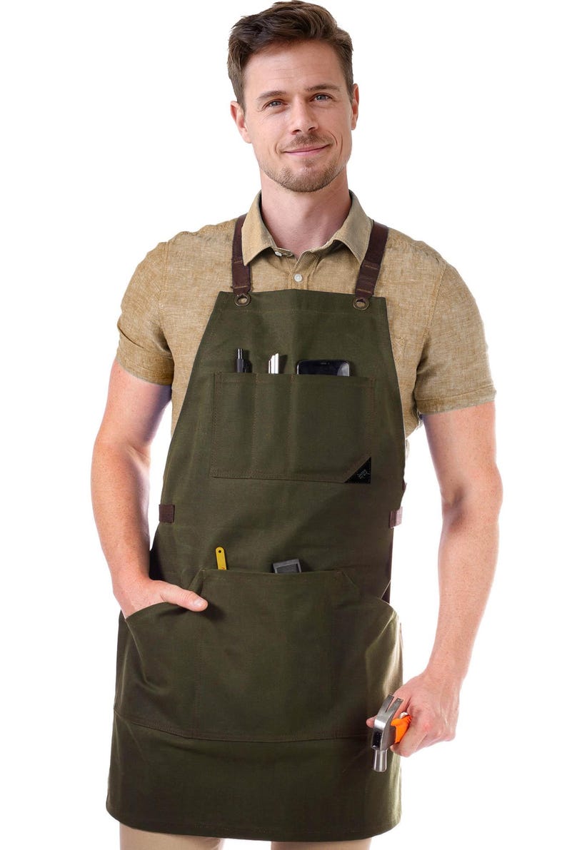 Work Apron - Green, Black, Brown or Gray Waxed Canvas, Leather Trim, Cross-Back, HeavyDuty, Chef, Woodwork, BBQ, Shop Green