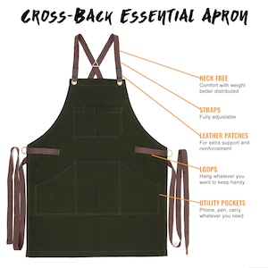 May include: A dark green cross-back apron with brown straps, two utility pockets, and leather patches. The apron has loops on the sides for hanging tools.