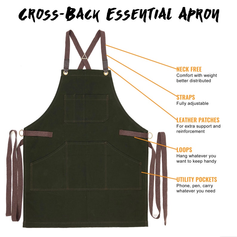 May include: A dark green cross-back apron with brown straps, two utility pockets, and leather patches. The apron has loops on the sides for hanging tools.