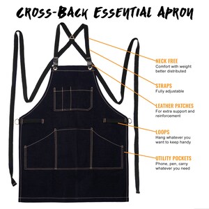 May include: Black denim apron with adjustable straps, leather patches, and multiple pockets. The apron has a cross-back design and is labeled "CROSS-BACK ESSENTIAL APRON".