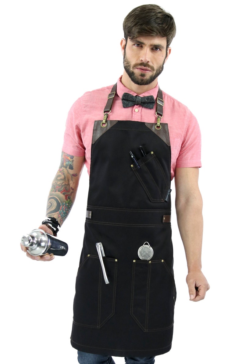 Barista Black Apron Brown Leather Straps and Loops Double Etsy