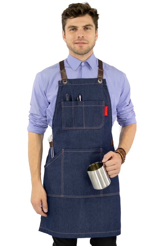 Work Apron- Blue Denim, Leather Trim 