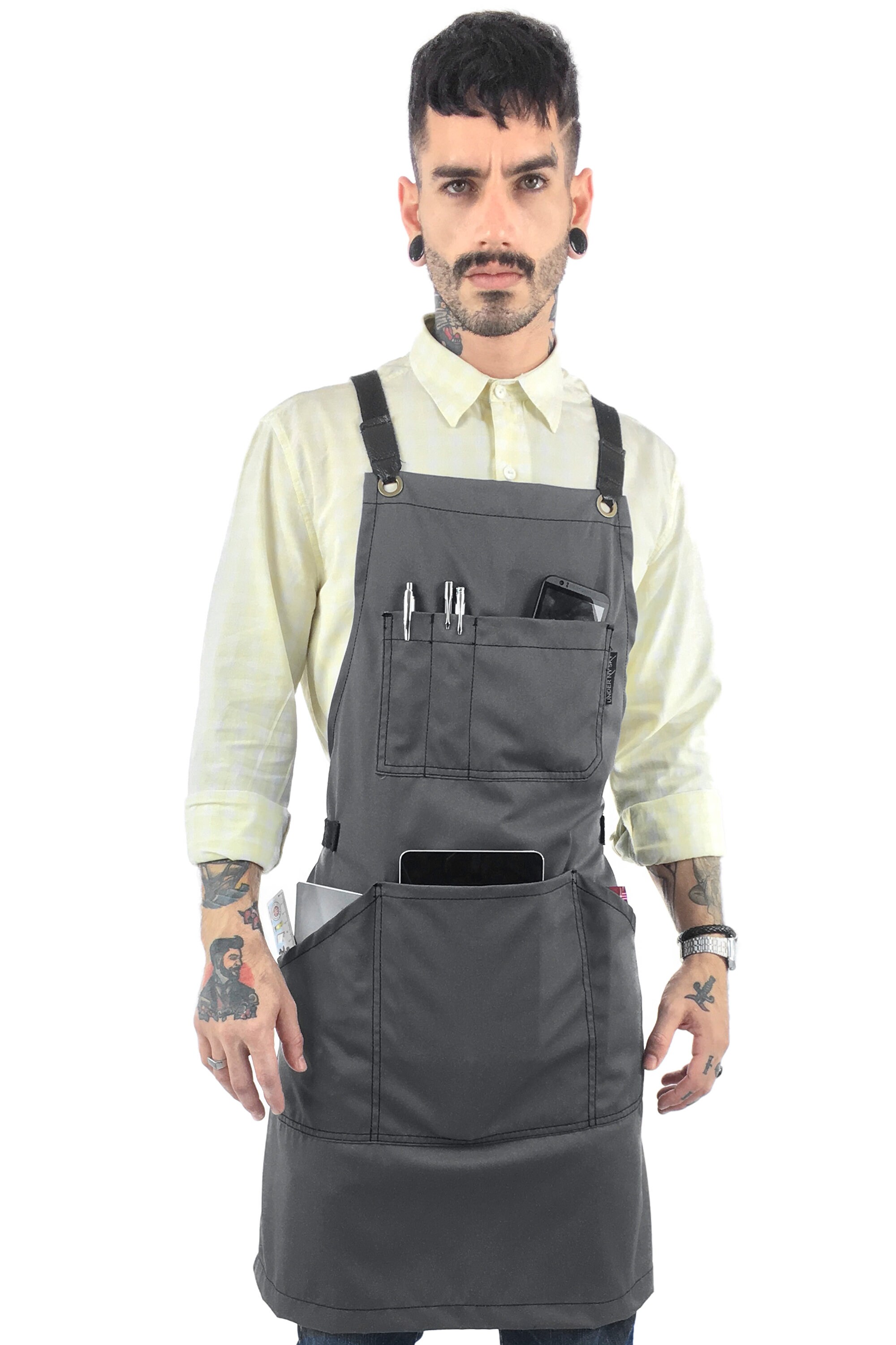 Work Apron Gray Professional Twill Leather Trim Crossback - Etsy