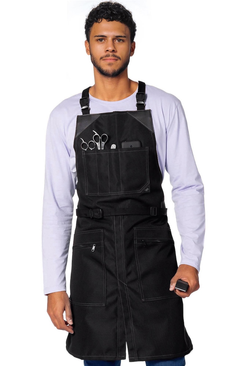 Barber Apron - Water & Chemical Resistant, CrossBack, Pocket with Zipper or Flap - Hairstylist, Colorist, Chef - Black image 1
