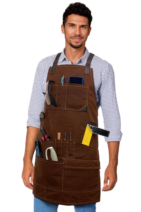 Woodwork Apron - 12 pockets & loops, Waxed Canvas, Cross-Back, Leather Reinforcement - Carpenter, Workshop, Tool