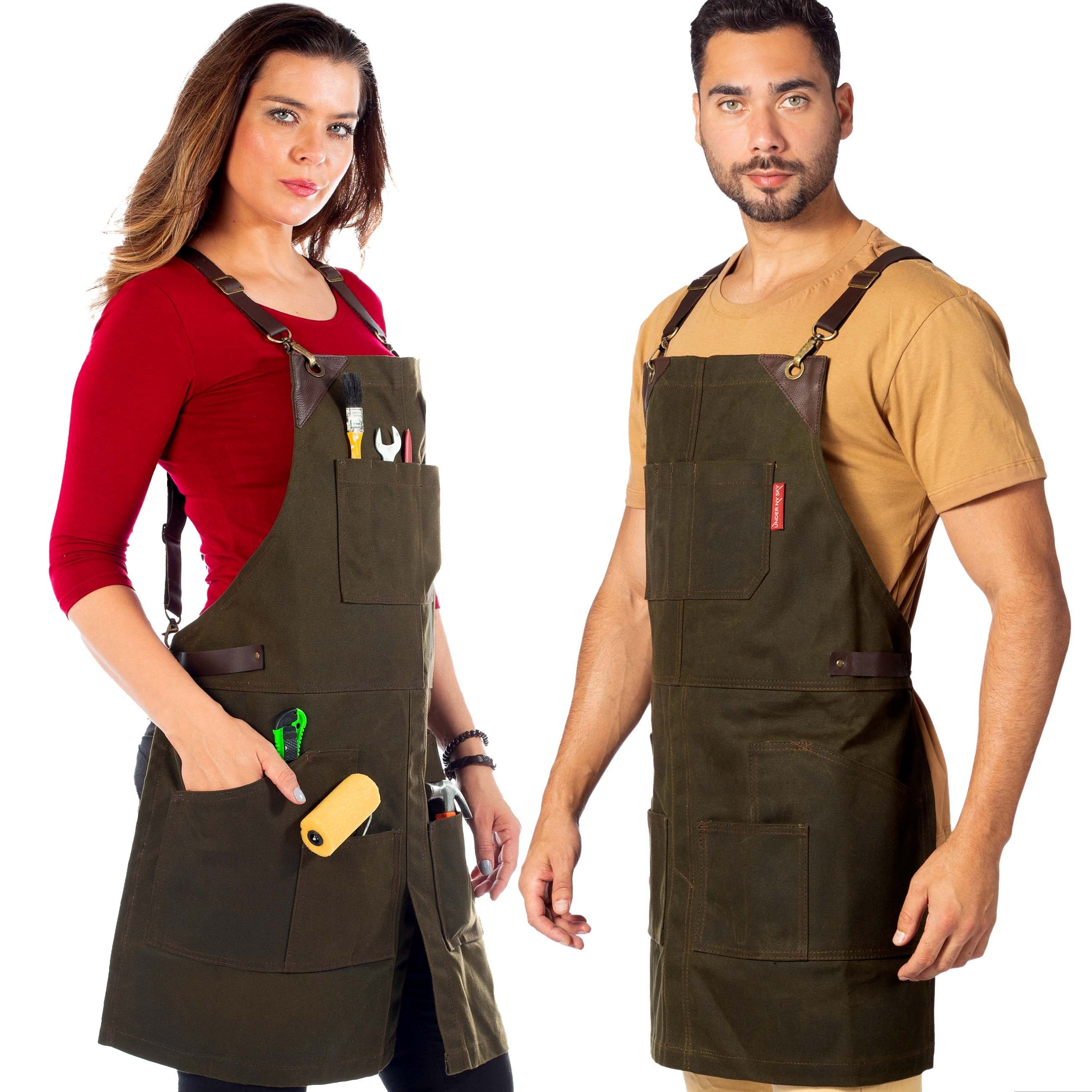 Leather Straps Apron Green Black or Gray Waxed Canvas - Etsy