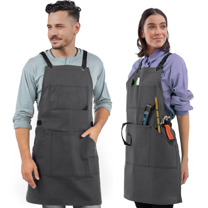 Work Apron - Green, Black, Brown or Gray Waxed Canvas, Leather Trim, Cross-Back, HeavyDuty, Chef, Woodwork, BBQ, Shop Gray