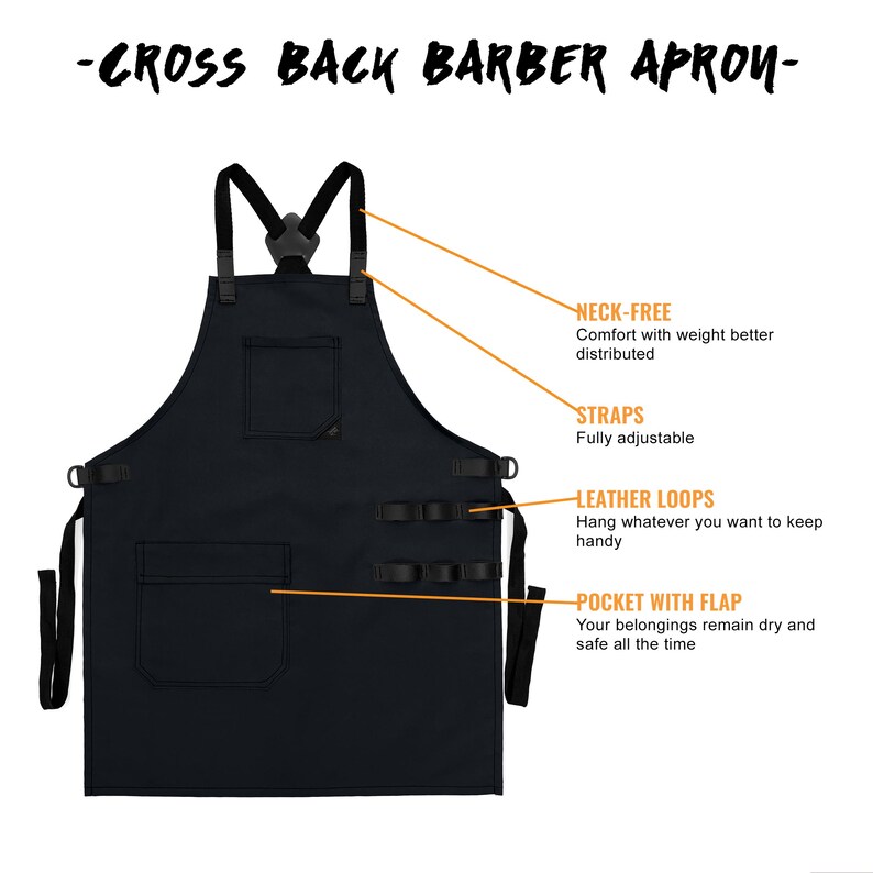 Barber Apron - Water & Chemical Resistant, CrossBack, Pocket with Zipper or Flap - Hairstylist, Colorist, Chef - Black image 9