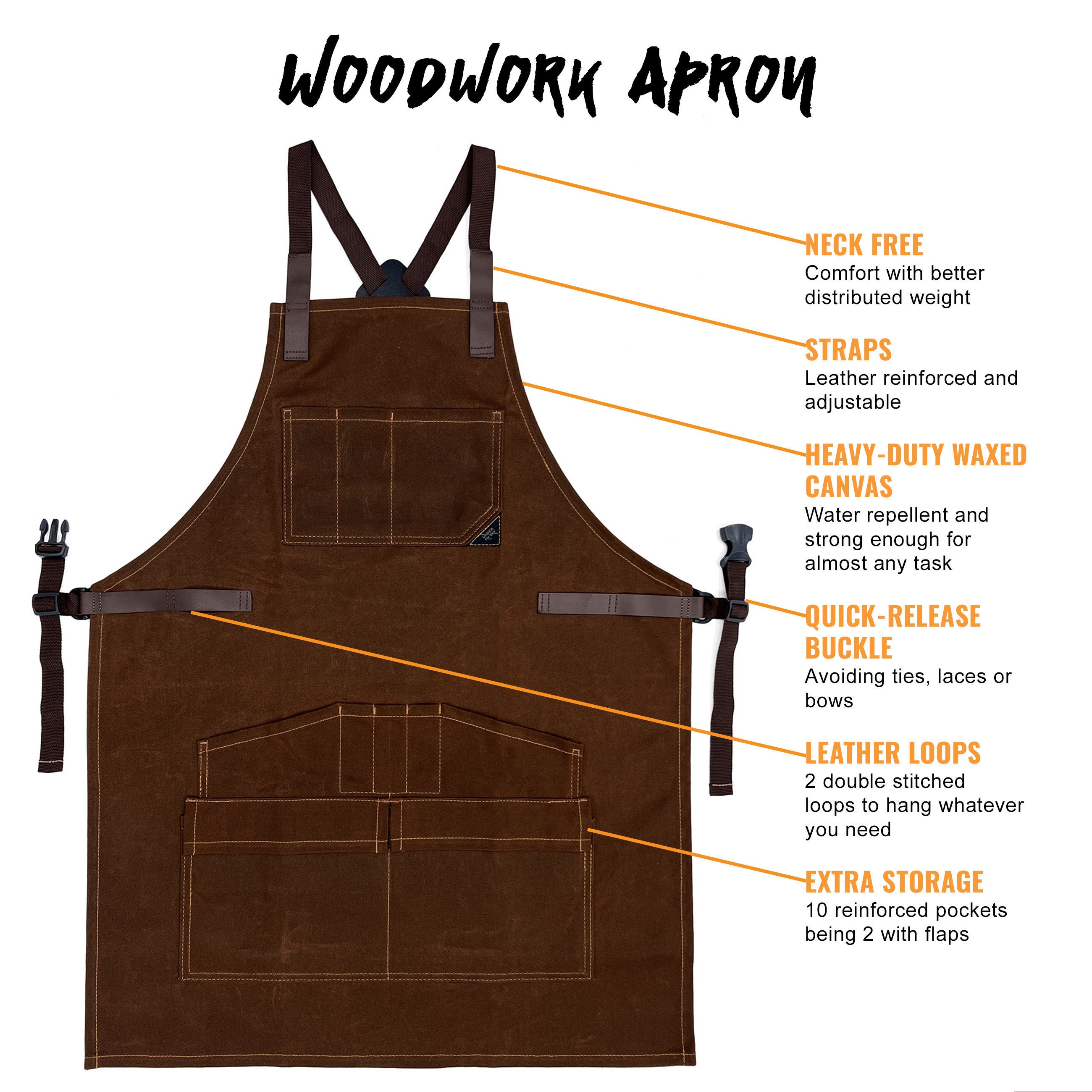 Woodwork Apron - 12 Pockets & Loops, Waxed Canvas, Cross-back, Leather ...