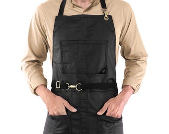Coated Apron - Black / Brown Fabric - Vintage / Chrome / Gold Metal, Leather Trim, No-Tie, Water Resistant, Hairstylist, Barber, Bartender