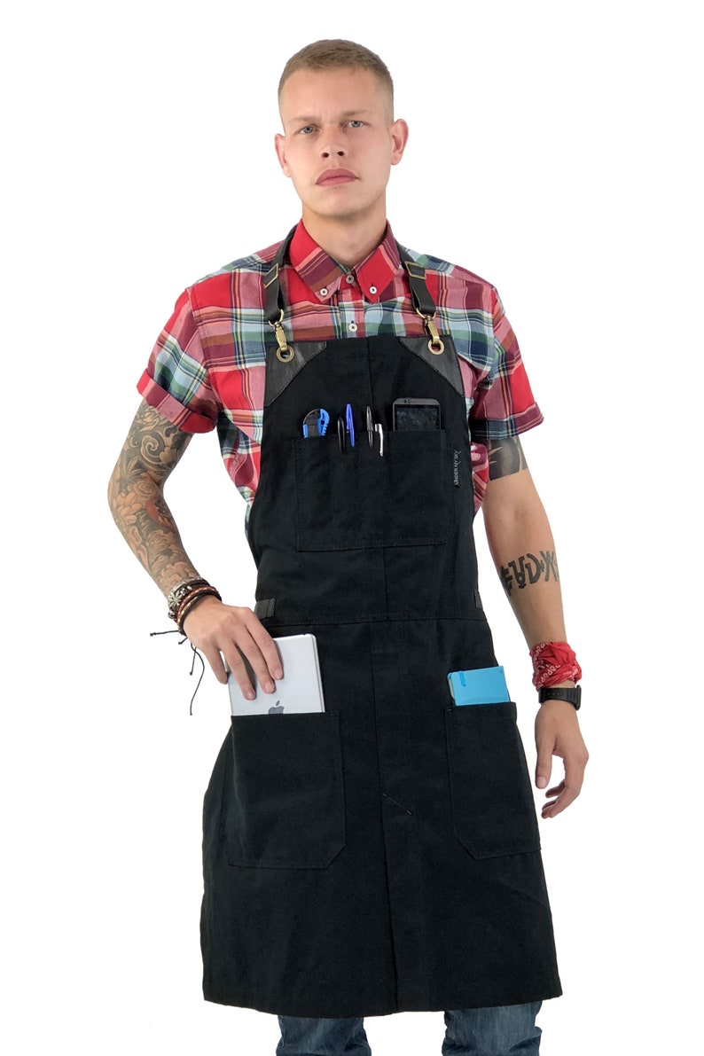 Black Twill Split Bartender Barber Shop Barista Leather Straps Apron Chef Tattoo No-Tie