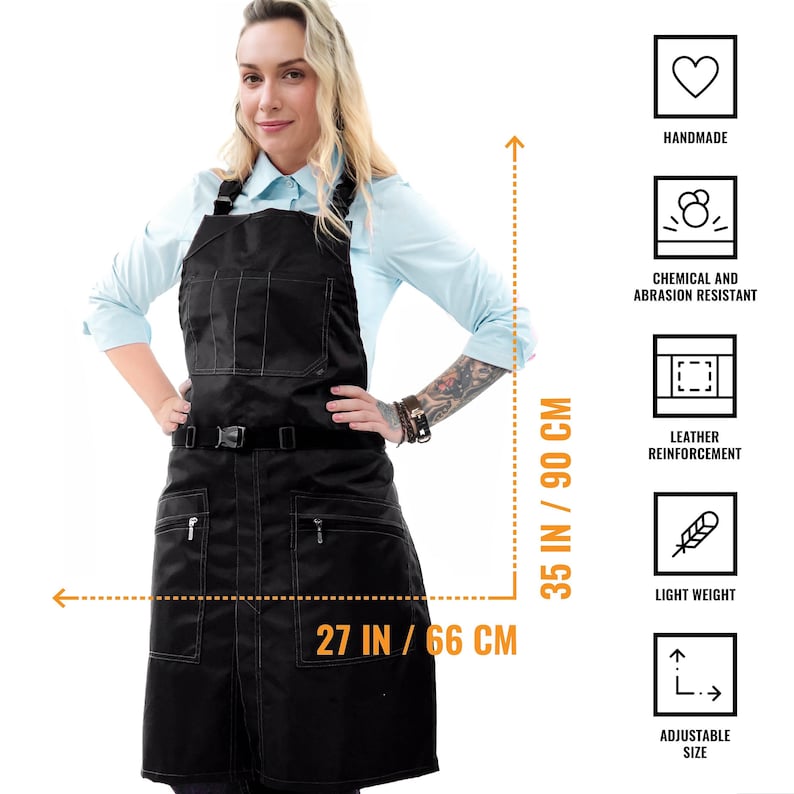 Barber Apron - Water & Chemical Resistant, CrossBack, Pocket with Zipper or Flap - Hairstylist, Colorist, Chef - Black image 2