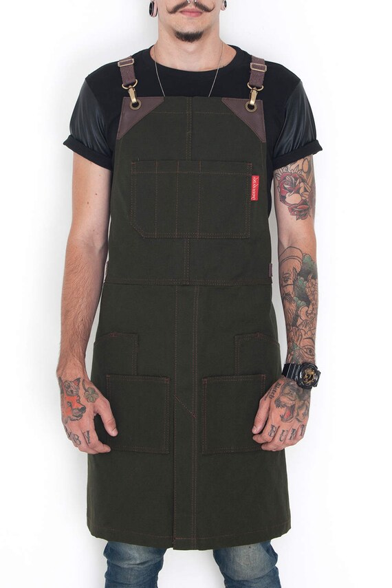 Cargo Cross-Back Apron Forest Green Waxed Canvas Leather 