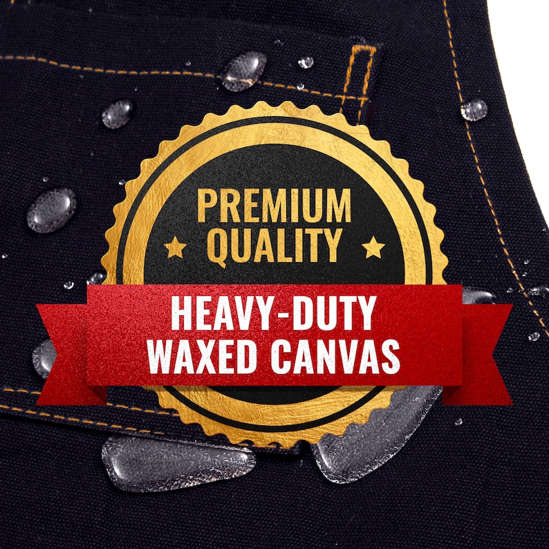May include: A gold and red label with the text "Premium Quality" and "Heavy-Duty Waxed Canvas" on a dark blue fabric background.