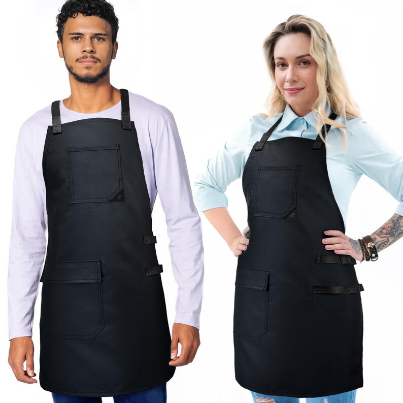 Barber Apron - Water & Chemical Resistant, CrossBack, Pocket with Zipper or Flap - Hairstylist, Colorist, Chef - Black Flapped Pocket Black