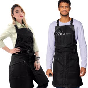 Barber Apron - Water & Chemical Resistant, CrossBack, Pocket with Zipper or Flap - Hairstylist, Colorist, Chef - Black Zipped Pocket Black
