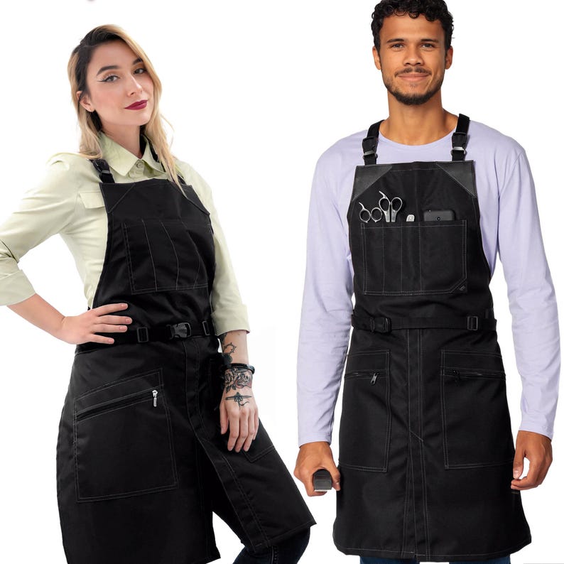 Barber Apron - Water & Chemical Resistant, CrossBack, Pocket with Zipper or Flap - Hairstylist, Colorist, Chef - Black Zipped Pocket Black