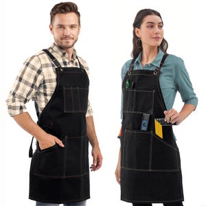 Work Apron - Green, Black, Brown or Gray Waxed Canvas, Leather Trim, Cross-Back, HeavyDuty, Chef, Woodwork, BBQ, Shop Black